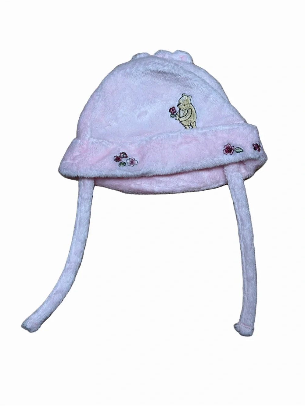 Disney Classic Pooh Pink Plush Winter Hat Winnie the Pooh Floral Ear Flap Tie